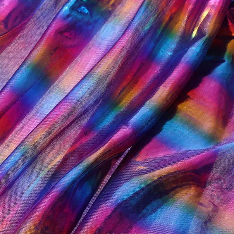 
100% polyester rainbow holographic foil fabric hologram hot stamping foil fabric lycra print foil knit fabric 