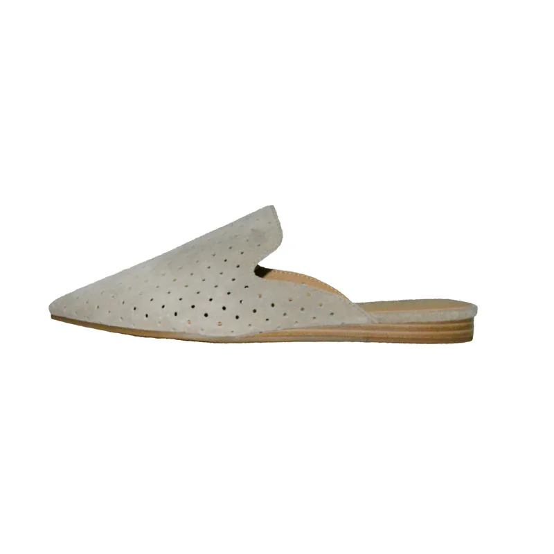 
Wholesale cow suede leather laser hole upper pointed toe and leather stacked low heel mules and slippers for women 2019 