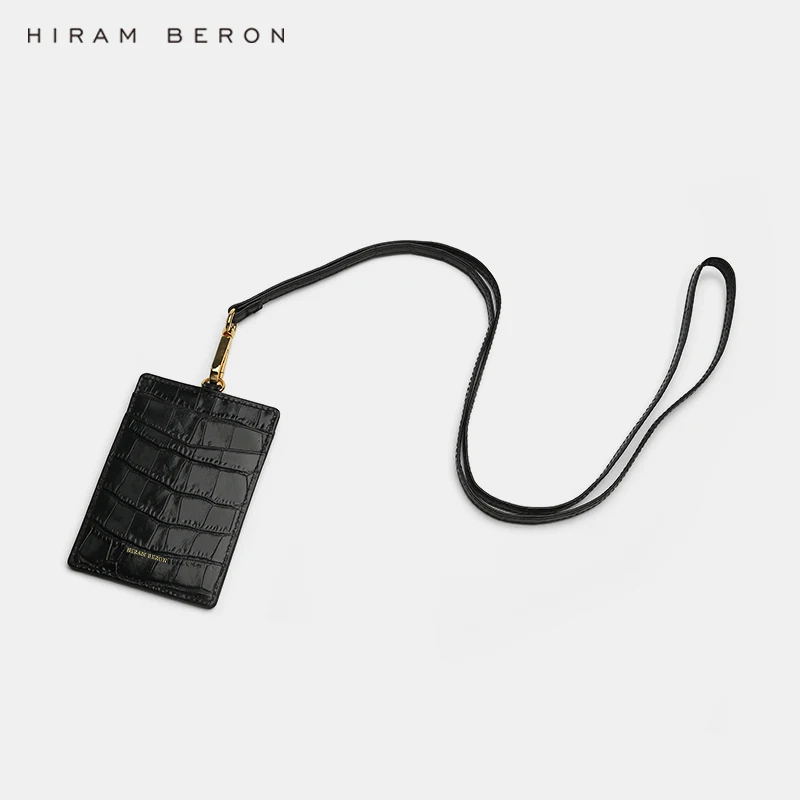 Hiram Beron Italian Cow Leather Name Tag ID Card Holder Lanyard