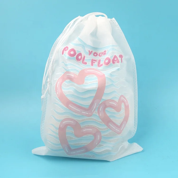 Customized Silk Screen Printing Stylish Pink Heart Cartoon Brand Logo Non-woven White Drawstring Bags for Shoes