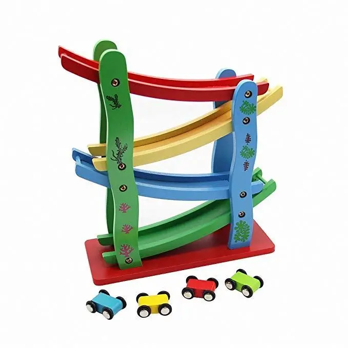 
Wholesale educational wooden small car toy ramp racer track slide car roller coaster slide four layers for kids toys 
