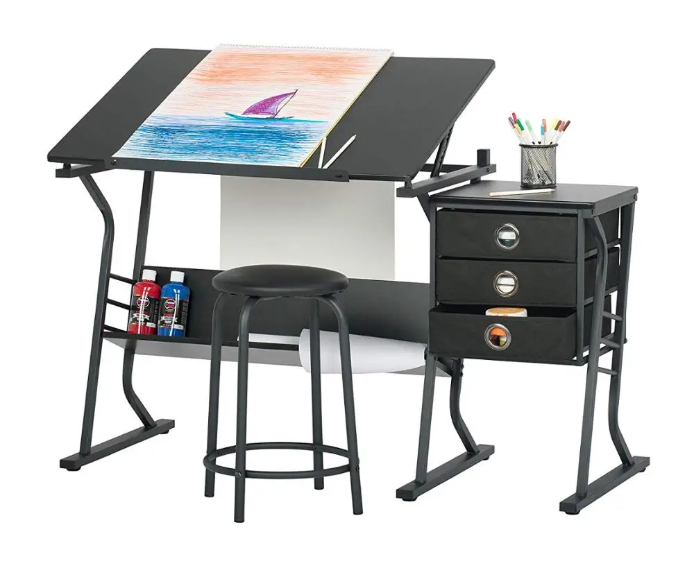 
Drafting Table Art & Craft Drawing Desk Art Hobby Folding Adjustable w/Stool and Drawers Craft Station (White with 3 Drawers) 