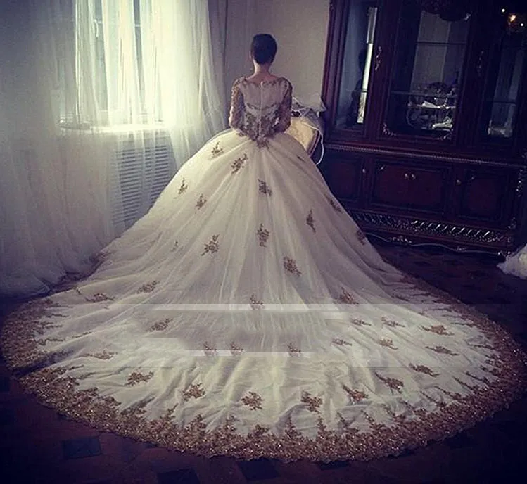 Роскошные золотые кружева аппликации с длинным рукавом мусульманские свадебные платья принцессы бальные платья арабское винтажное свадебное платье