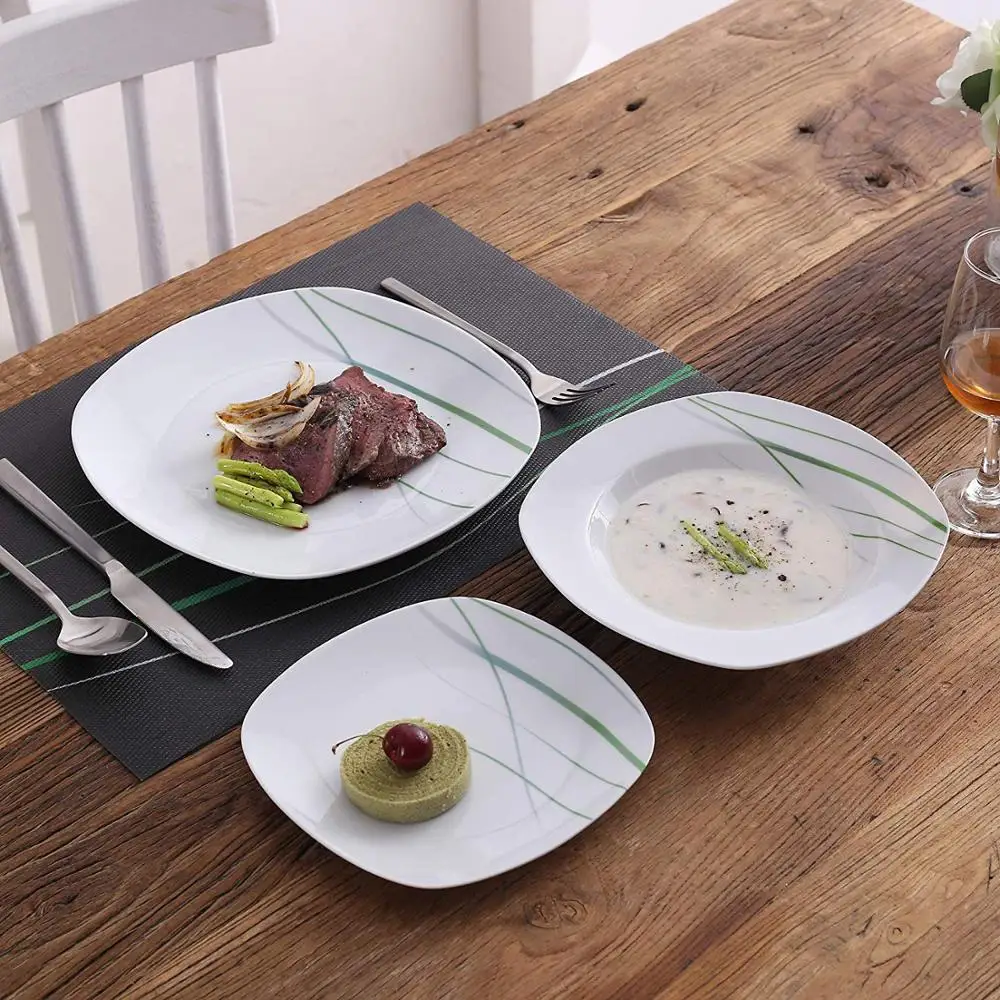 30-Piece Ceramic Dinnerware Set super White Plate Sets Green Stripe Patterns Kitchen Plates, Service for 6 Dinner & Salad Plate