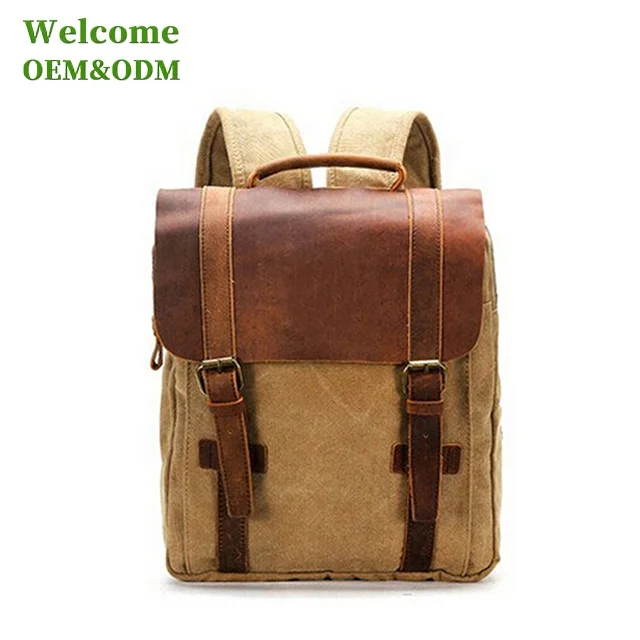 promotional custom cheap khaki cute vintage outdoor computer canvas backpack wholesale