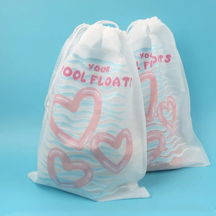 Customized Silk Screen Printing Stylish Pink Heart Cartoon Brand Logo Non-woven White Drawstring Bags for Shoes