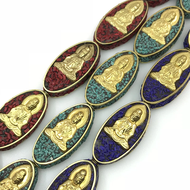 Wholesaler Tibetan Metal Coral Dzi Beads Carving Buddha Statue Nepal Inlay Gold Copper Beads For Jewelry Making