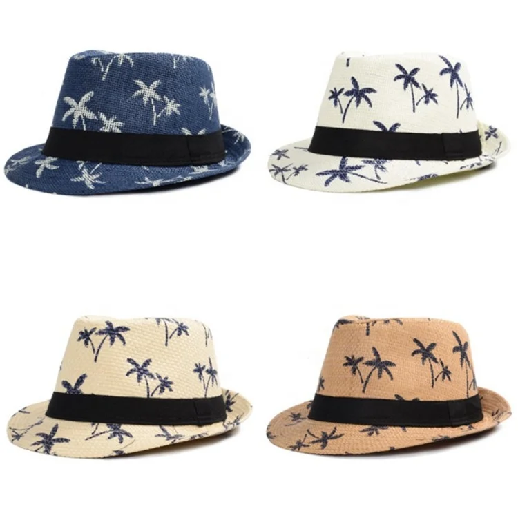 paper straw Coconut tree printed fedora hat sun hat beach hat
