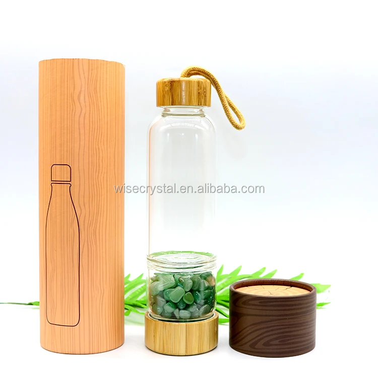 
Glass Drinking Bottle healing water bottle crystal gemstone with Bamboo Lid for gift 
