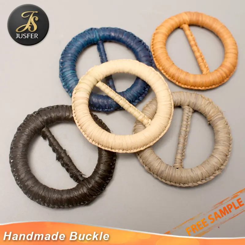 New Design round metal hand weaving belt buckle with raffia