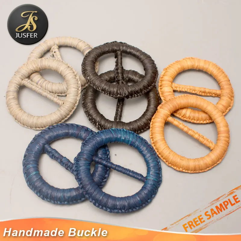 New Design round metal hand weaving belt buckle with raffia
