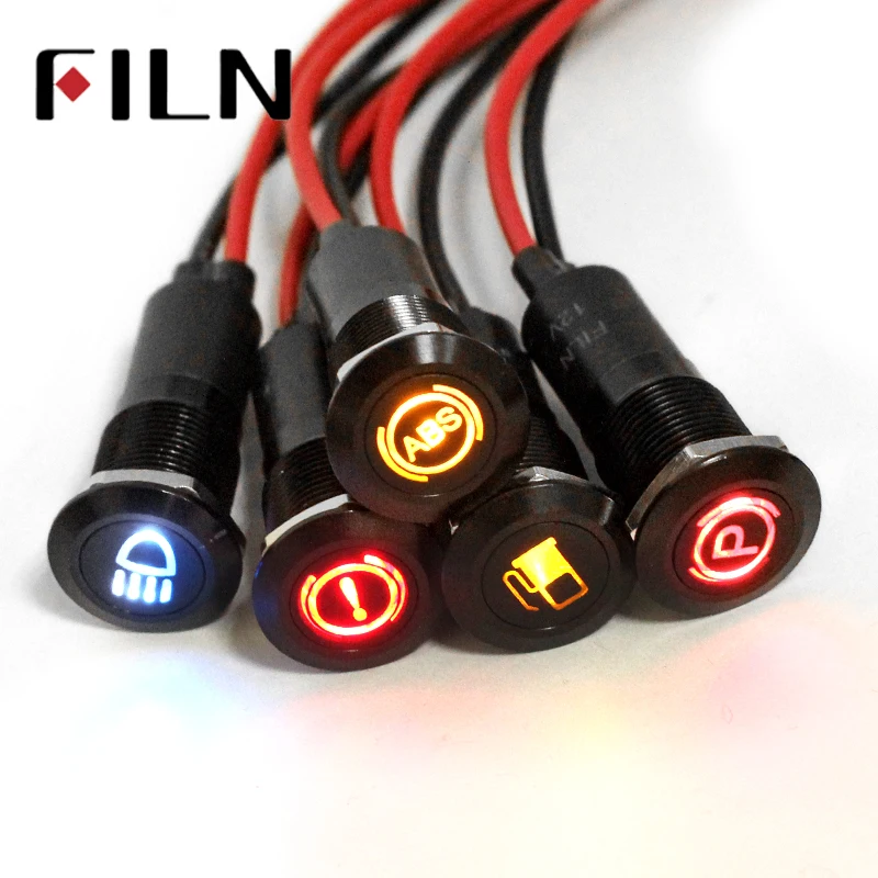 FILN 14mm black housing led red yellow blue green car equipment symbol 12v Flat led indicator light with 20cm cable