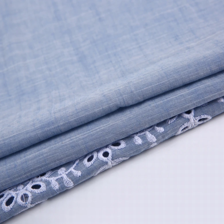 New design cotton single border eyelet embroidery stock voile yarn dyed embroidery lace fabric blue