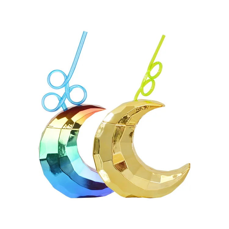 New Design 450ML Moon Shape UV Printing Plastic Drinking Water Bottle With Straw