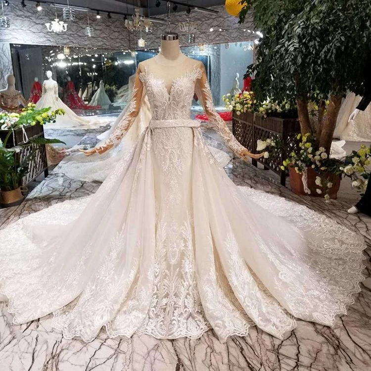 HTL132 long beaded sleeves vestidos de novia bride 2019 designs detachable train mermaid wedding dress bridal gown