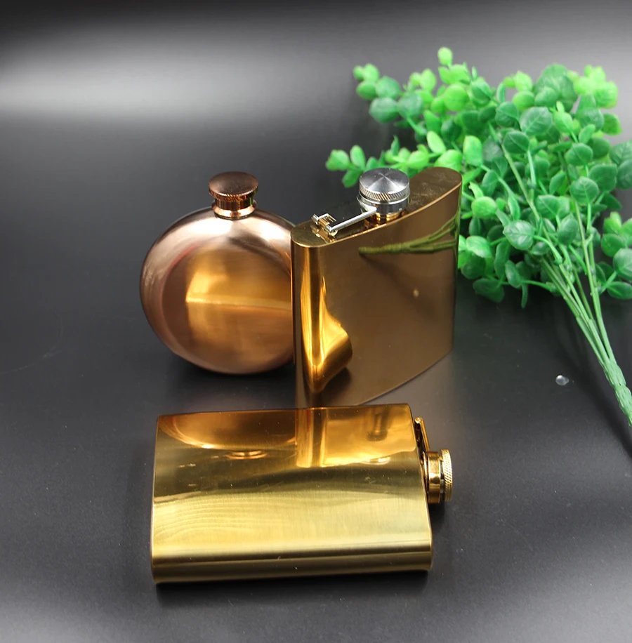 Copper-Plated 18/8 Stainless Steel 8ounce hip flask, 8oz Gold Pocket Flask Set,