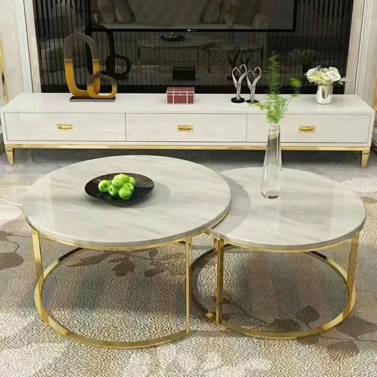 Modern coffee table,gold stainless steel leg white coffee table,marble top coffee table 2 pieces set
