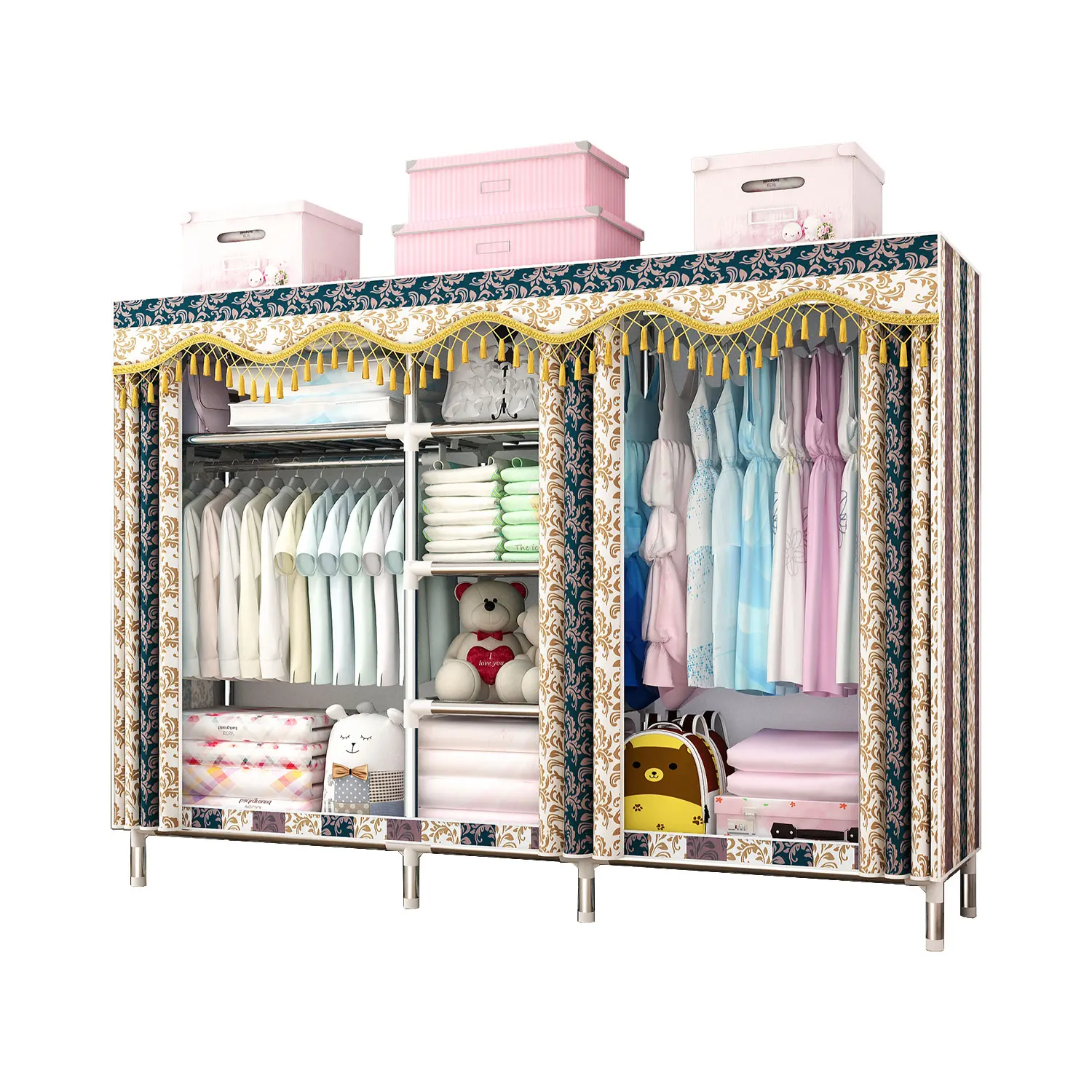 simple Design Cloth Wardrobe Portable Folding Fabric Cover 25mm Steel Tube Large size Plastic parts Box packing C233