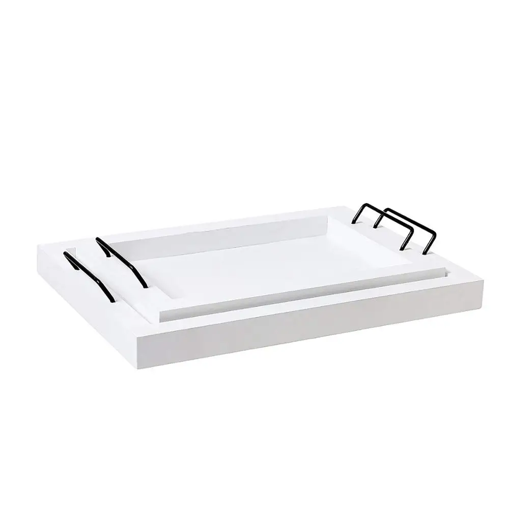 Set of 2 Country Rustic Vintage White Decorative   Wood Rectangular Nesting Serving Trays With Metal   Handles