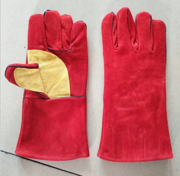 
china high quality 14 inches cow split leather welding safety gloves for sale AB grade with kevlar thread and reinforced palm 