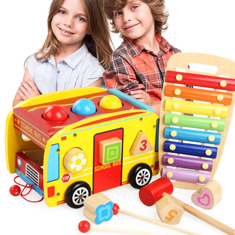 Wholesale kids wooden knock hammer with xylophone school bus toy for child play educational toys WKH007