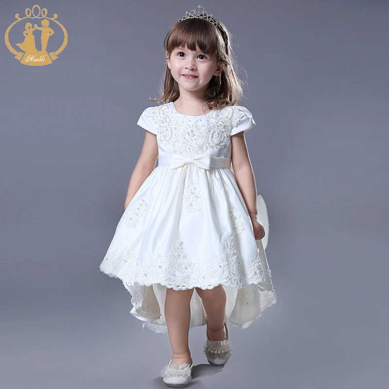 Nimble Beading Embroidered Baby Dresses Satin Long Tail Child Baby Dress Model For Party 1-4years Children Clothes Girls Dresses