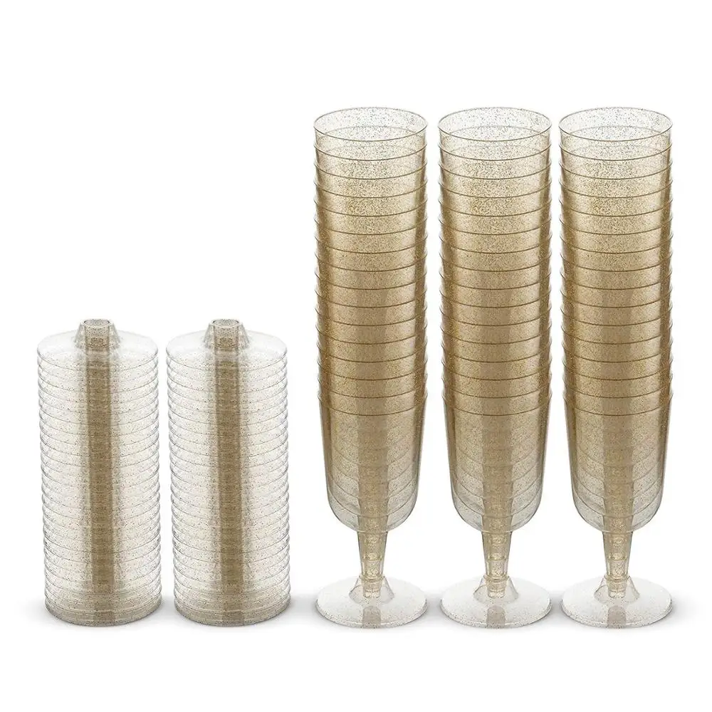 7 oz Gold Glitter Disposable Wine Glasses Clear Hard Plastic Disposable Fancy Cups for Parties & Weddings