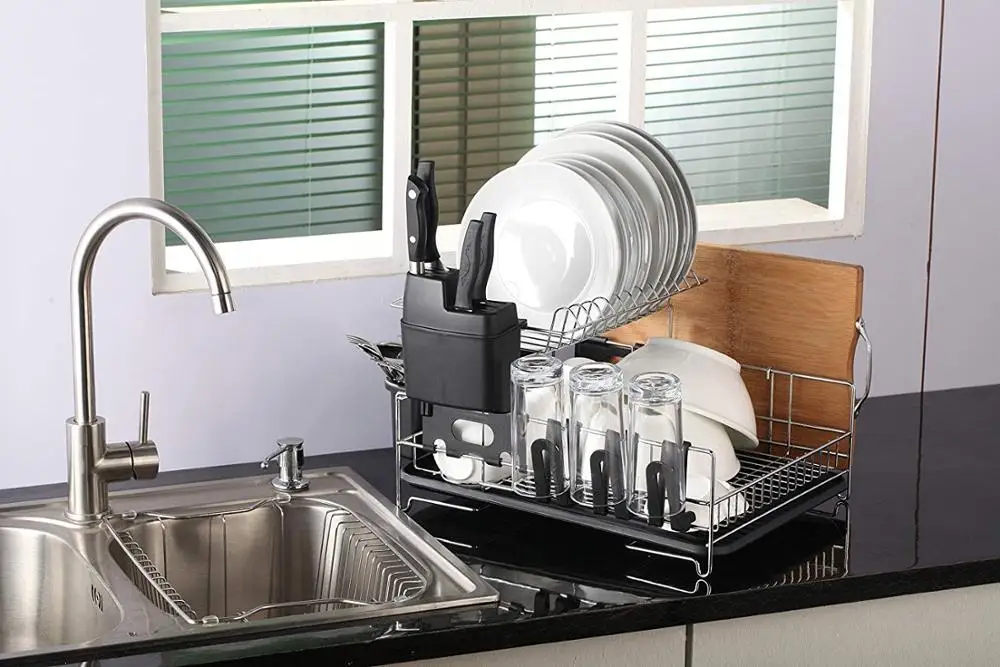 Multifunctional big volume kitchen chrome plate stainless steel big capacity large dish rack with drain board