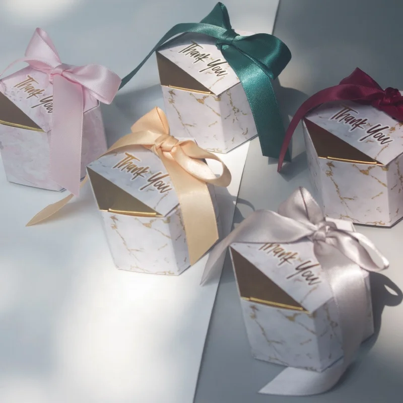 Eco-friendly Wholesale Gold Hot Stamping Colorful Ribbon Gift Wedding Favor Candy Hexagon Paper Box