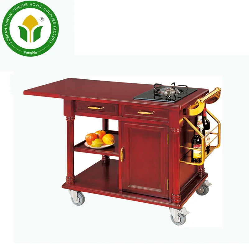 Hotel single gas stove solid wood cooking cart flambe trolley