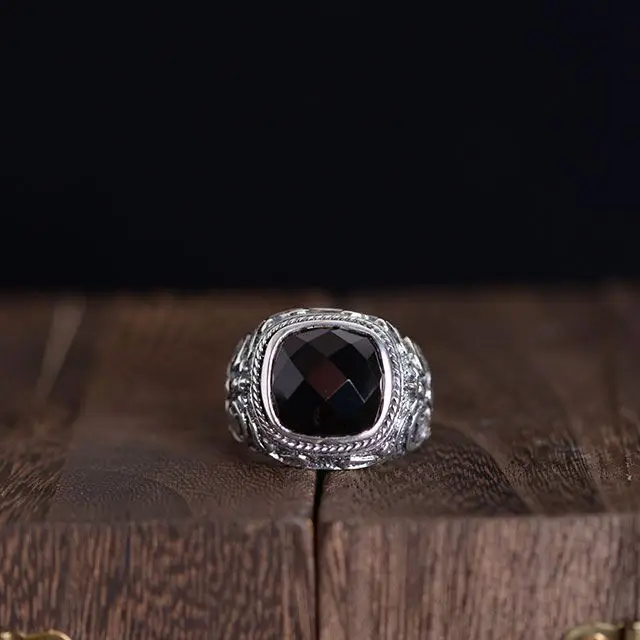 Wholesale 925 pure silver relief pattern inlaid Black Agate silver jewelry rings for men Anillos