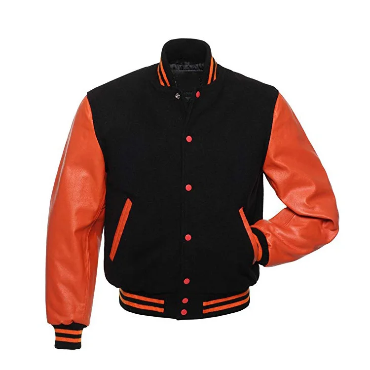 Wholesale Unisex Custom Leather Sleeves Orange Jacket Letterman Varsity Jacket