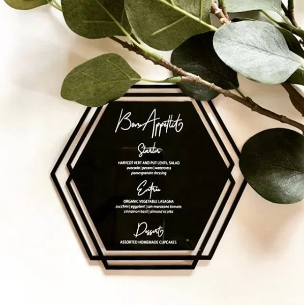 Креативная Геометрическая лазерная резка акриловое меню/свадебные приглашения с шелкографией/фольгированный текст