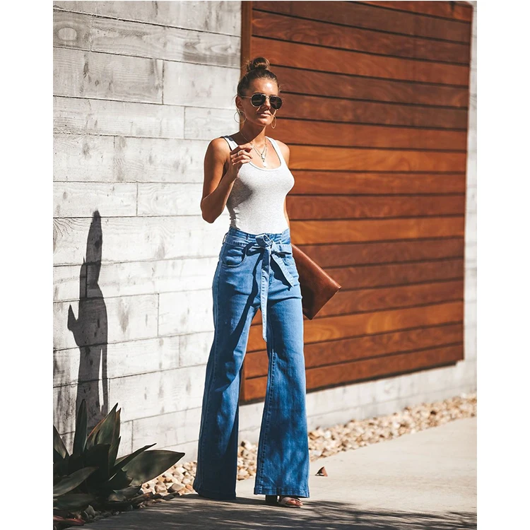 
Flare Jeans Women High Waist Blue Jeans Wash Vintage Wide Leg Belted Stretchy Denim Jeans Women 