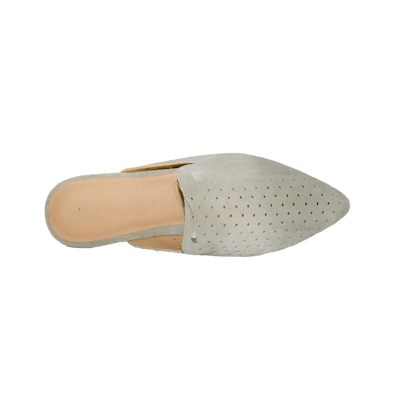 
Wholesale cow suede leather laser hole upper pointed toe and leather stacked low heel mules and slippers for women 2019 