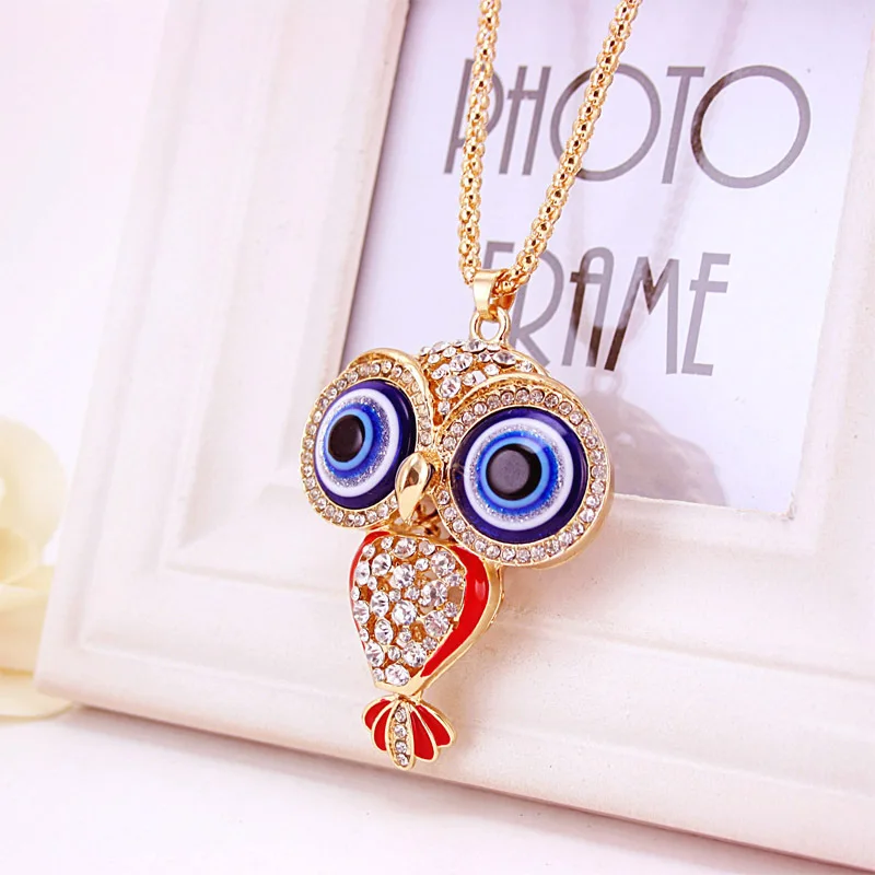 Fashion Charms Rhinestone Cute blue  Eye  Diamond Crystal Big Owl Necklaces&Pendants Sweater Chain Jewelry