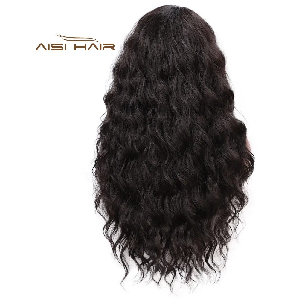 Aisi Hair Deep Wave Natural Black Synthetic Wigs Long Wavy Wigs Heat Resistant Synthetic Fiber Lace Front Wigs