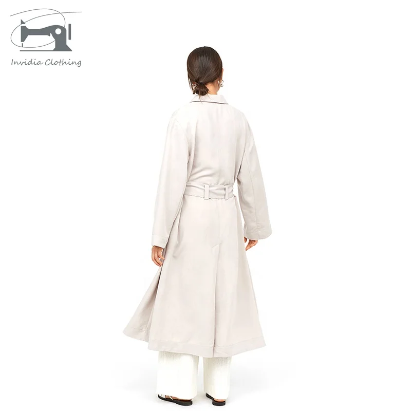 Latest Korean Style Trendy Women Turn Down Collar White Long Button Windproof Trench Coat With Belt