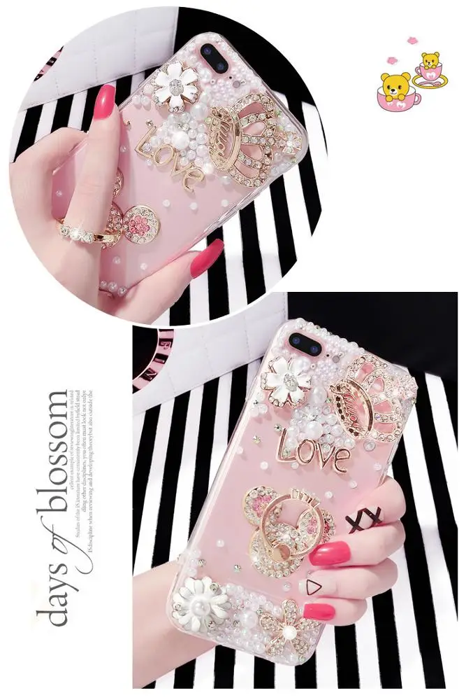 
Pearl encrusted phone cases luxurious with diamond mobile phone bags & case with strap for women for iPhone 