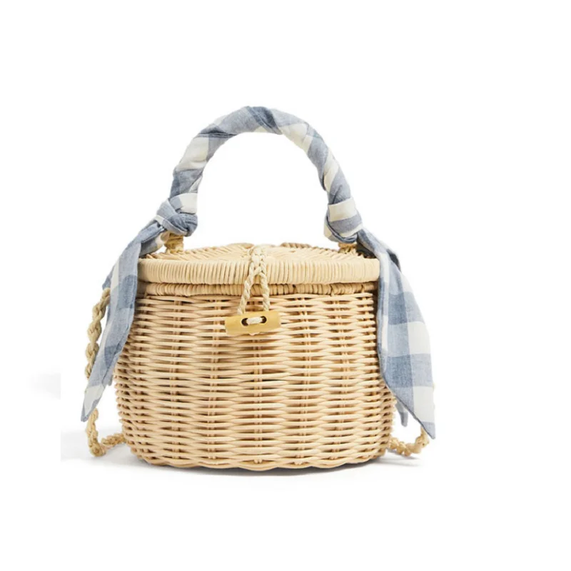 
Children Kids Straw Bag Small Size Round Rattan Shoulder Bag With Scarf 