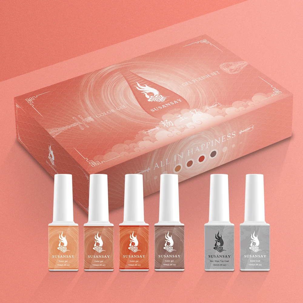Global Unique Chinese Style Wholesale 6bottle/Set Top&Base Coat 15ml Soak Off Nail Varnish UV Gel Polish Set