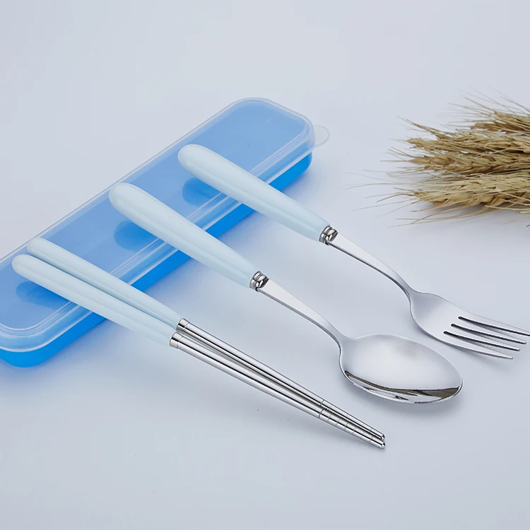 food grade portable travel cutlery stainless steel chopsticks fork and spoon set with color ceramic handle