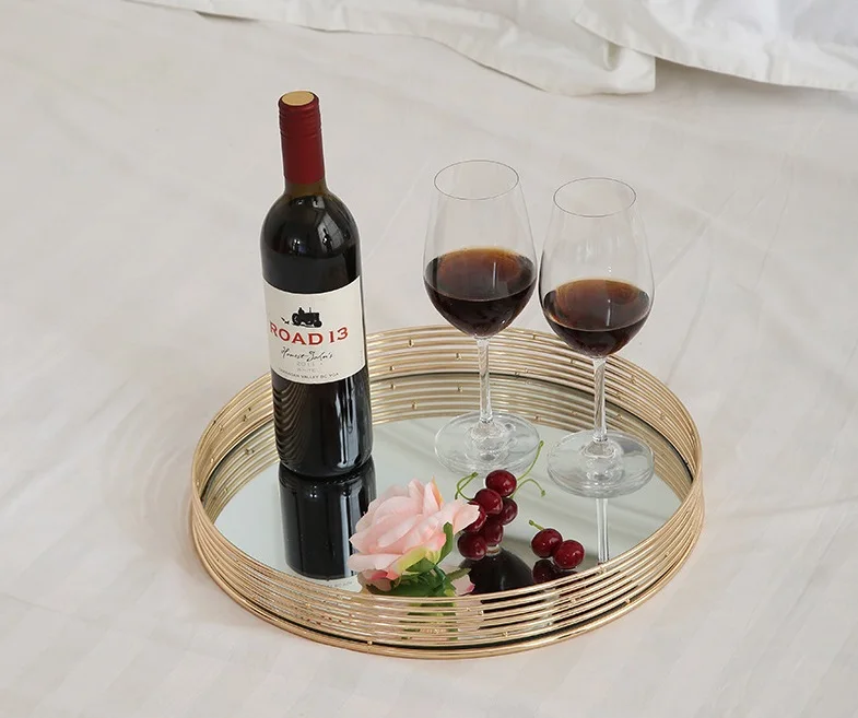 100% Круглый Золотой металлический зеркальный сервировочный поднос ручной работы для домашнего декора и отеля