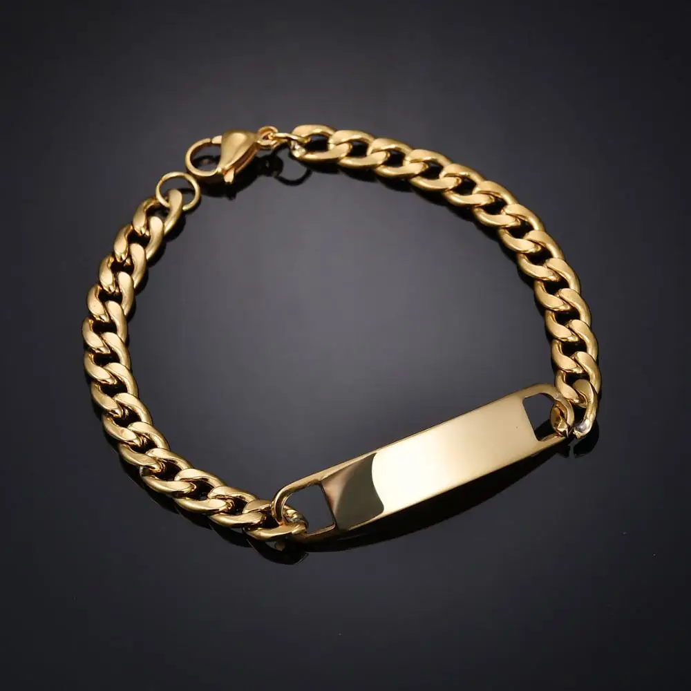 Custom name engraved stainless steel bracelet cuba chain 18k gold plated metal plate bracelet gold bar bracelet