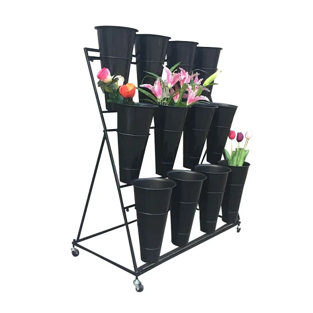 Custom made flooring metal display rack with buckets for flower shops