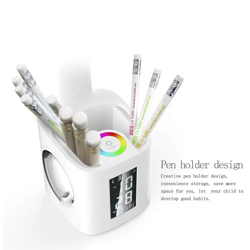 Contemporary rechargeable adjustable pen holder led light desk lamp with alarm clock