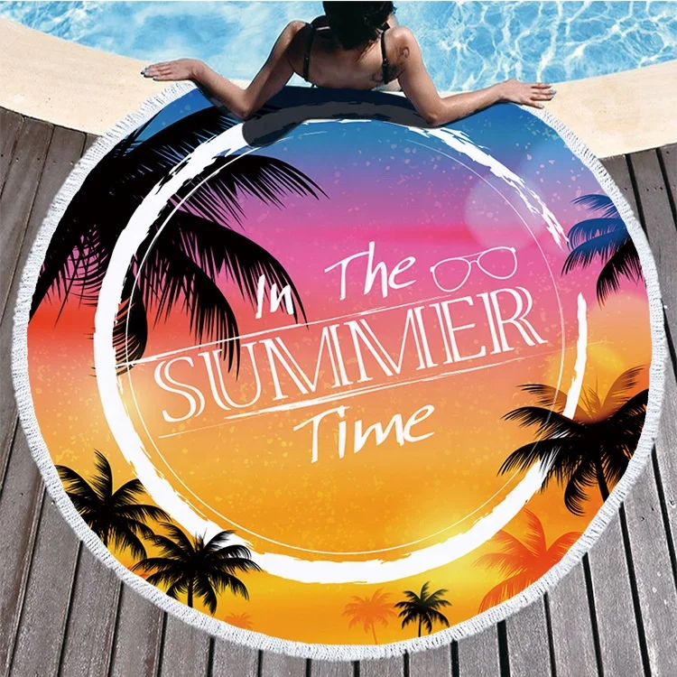 Cusotom digital printed wholesale cheap personalized summer palm tree hawaiian circular beach towel with tassels