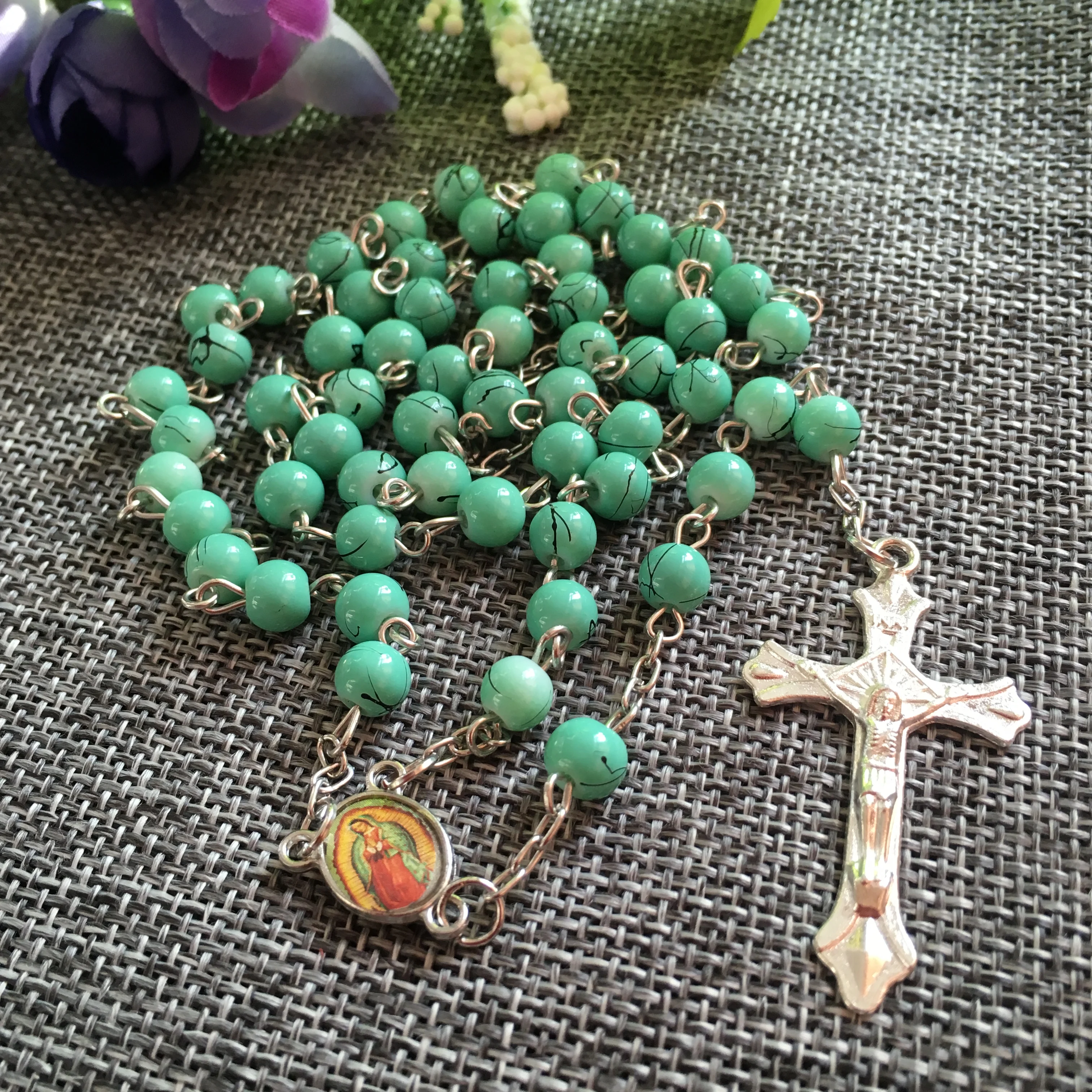 green glass rosary necklace baking varnished religious rosary beads with virgin Guadalupe centerpiece