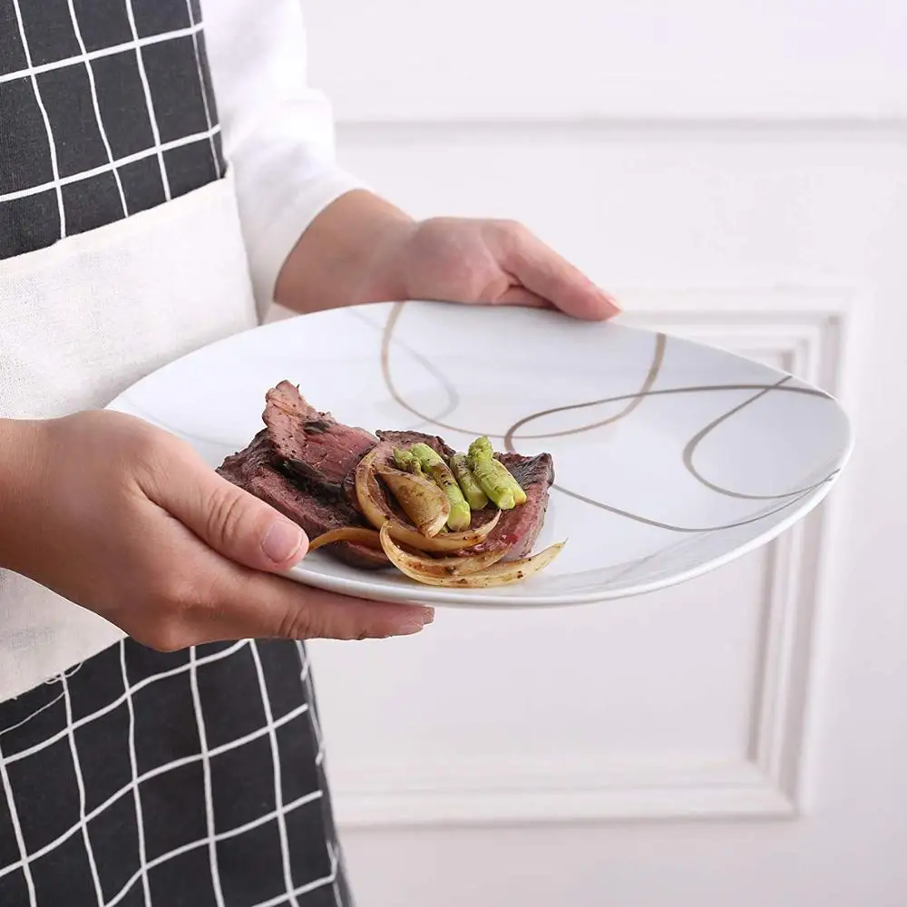 Набор фарфоровой посуды из 18 предметов, кухонные обеденные наборы с узорами с коричневыми линиями, обеденная тарелка, тарелка для супа, десертная тарелка