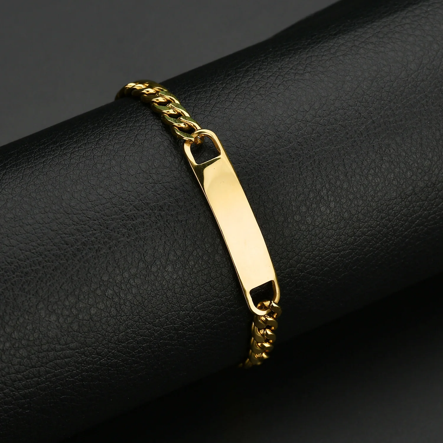 Custom name engraved stainless steel bracelet cuba chain 18k gold plated metal plate bracelet gold bar bracelet